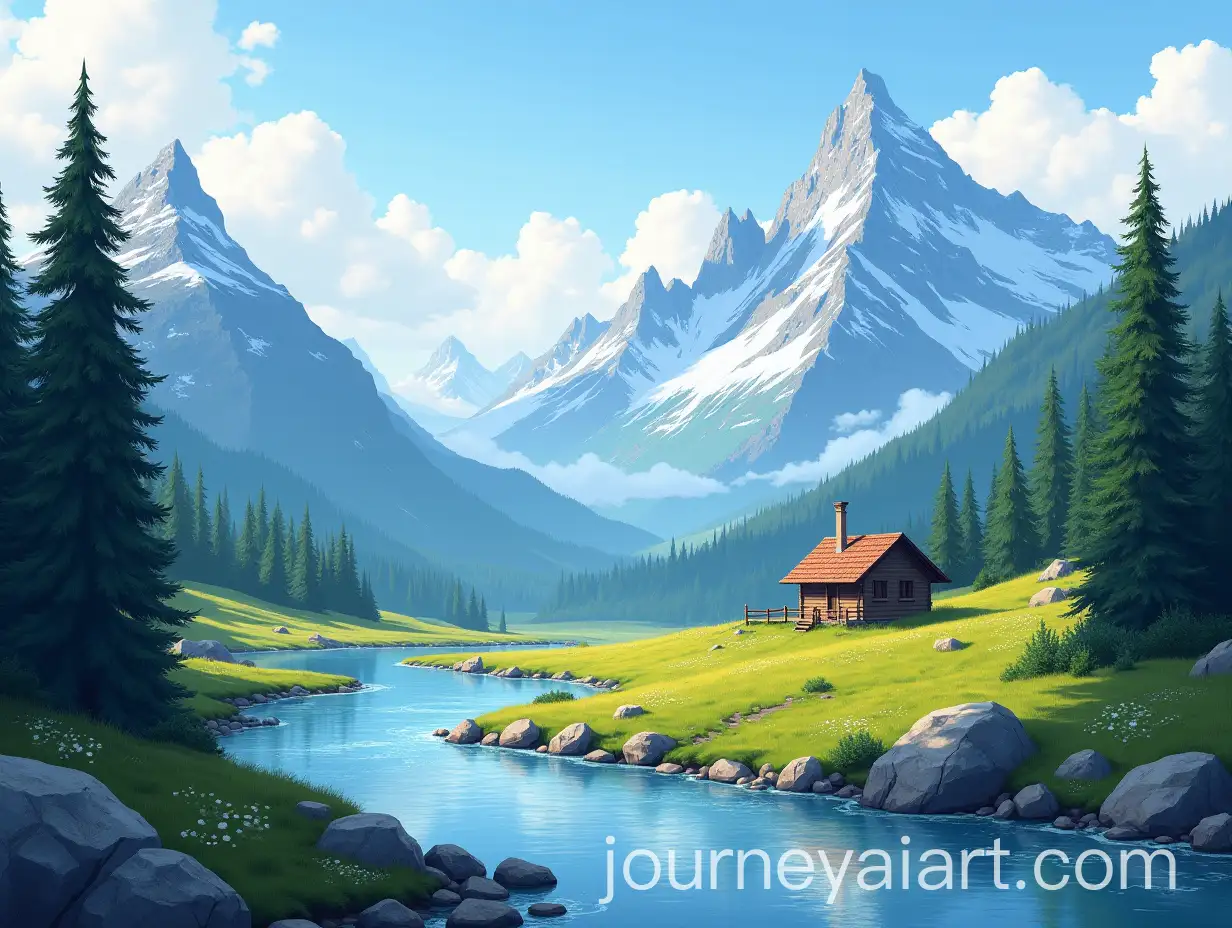 Snowy-Mountain-Landscape-with-Cabin-by-River-and-Cotton-Clouds