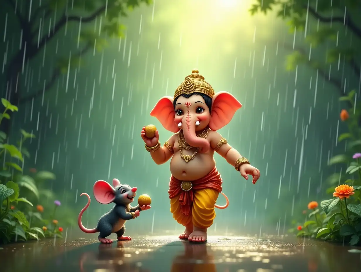 Create a vibrant and serene scene featuring Lord Ganesha walking in the rain. He is joyfully eating a modak, a traditional sweet, with his mouse (Mooshak) playfully walking beside him. The background is a lush, green forest setting with droplets of rain falling gently, creating a soft mist around them. Lord Ganesha is depicted in traditional attire, with his large elephant head, a gentle smile, and a peaceful expression. His mouse companion is holding another modak, looking up at him lovingly. The atmosphere is calm and magical, with the rainy season adding to the sacredness of the moment. Soft, diffused sunlight breaks through the clouds, casting a warm glow on the scene.