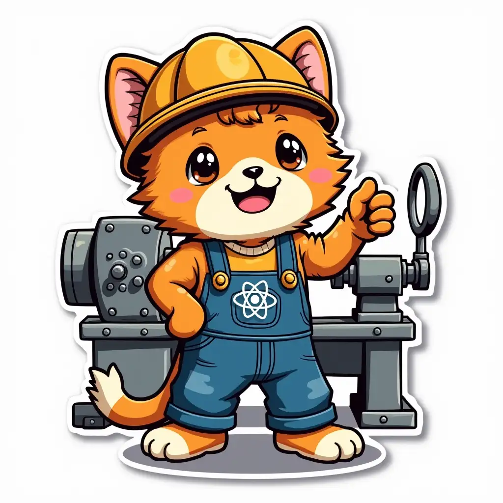 kawaii positive little engineer shaggy cat in protective helmet, gloves and overalls with an atom symbol on t-shirt, He stands in front of industrial metal lathe, vibrant and dynamic die cut sticker design top-view, high resolution, vector art, white background, paint in anime style