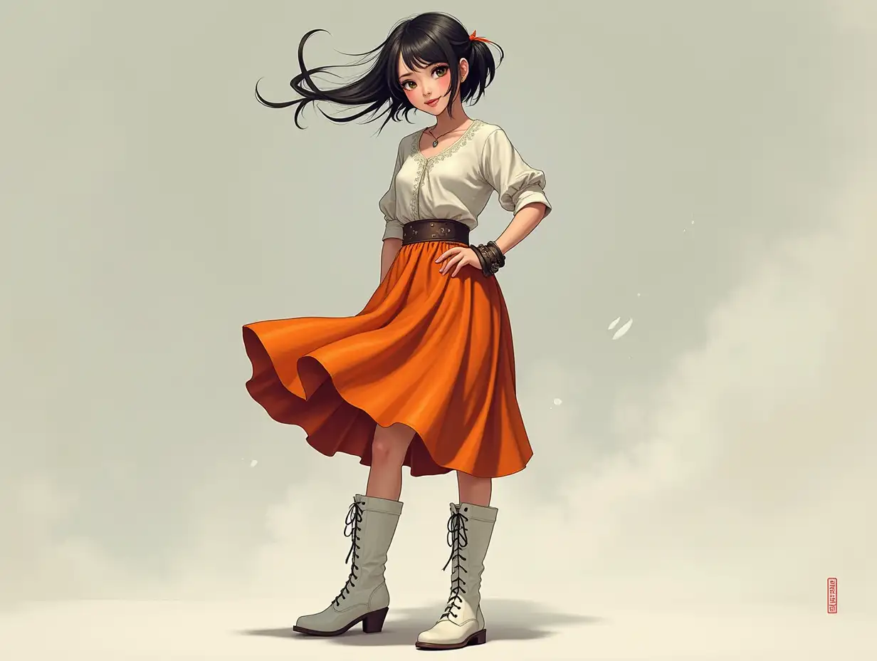 Asian-Pirate-Girl-in-Stylish-Orange-and-White-Attire