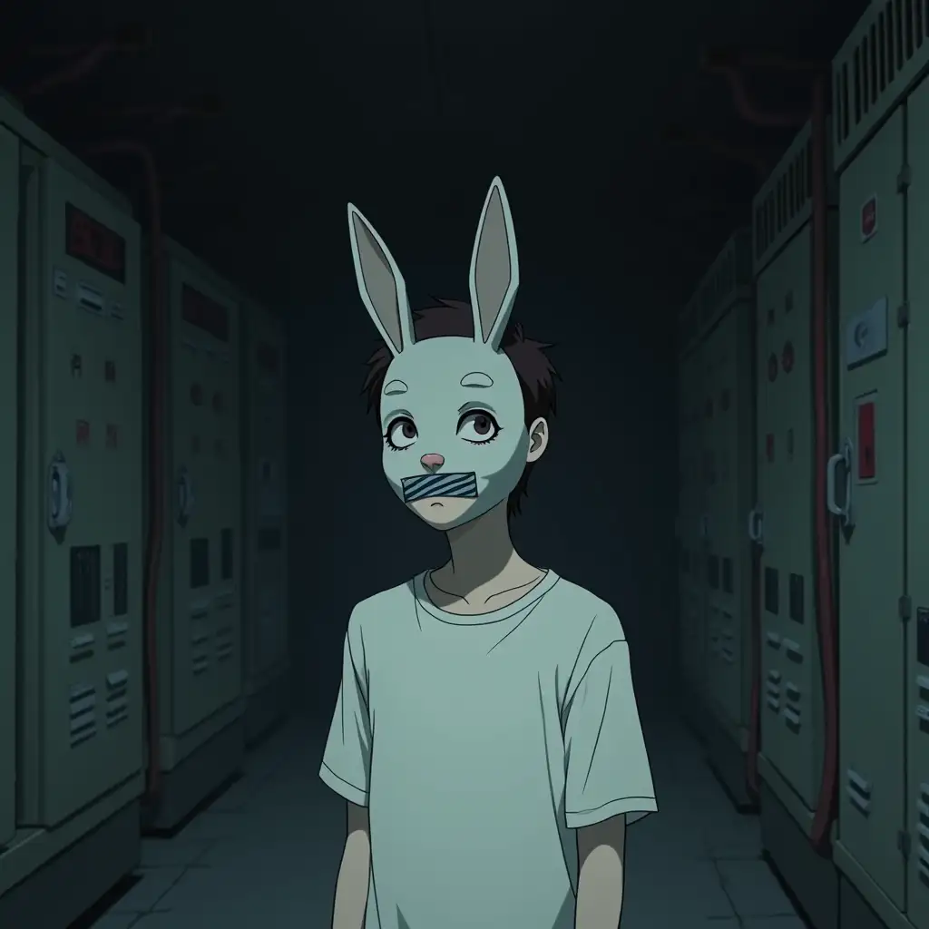A boy in a white t-shirt. He is wearing a mask of a rabbit. He has a tape over his mouth. He is in the room with generators and wires. The whole picture is dark and creepy. Anime style.