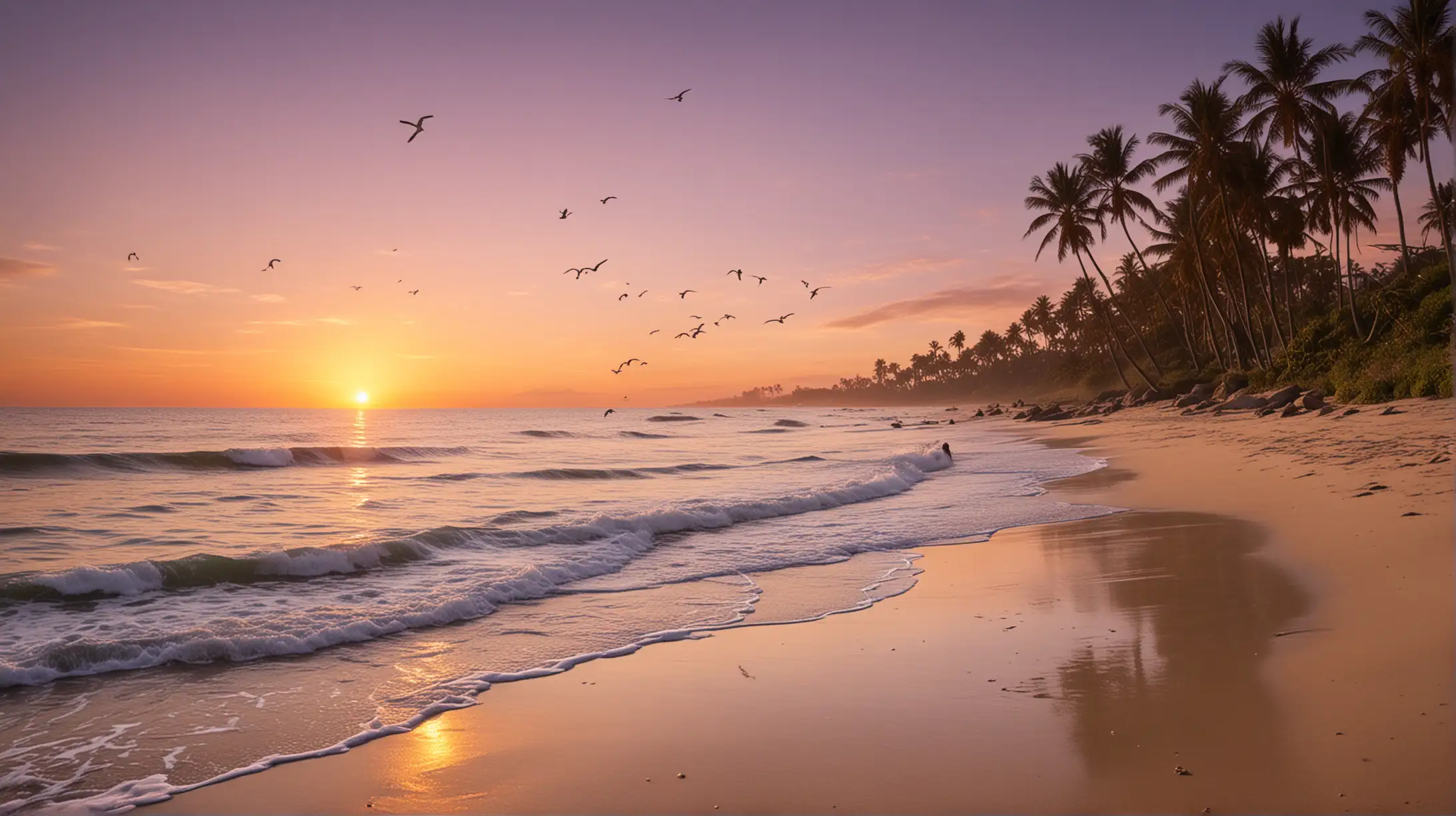 Tranquil Sunset Beach Scene with Palm Trees and Seagulls