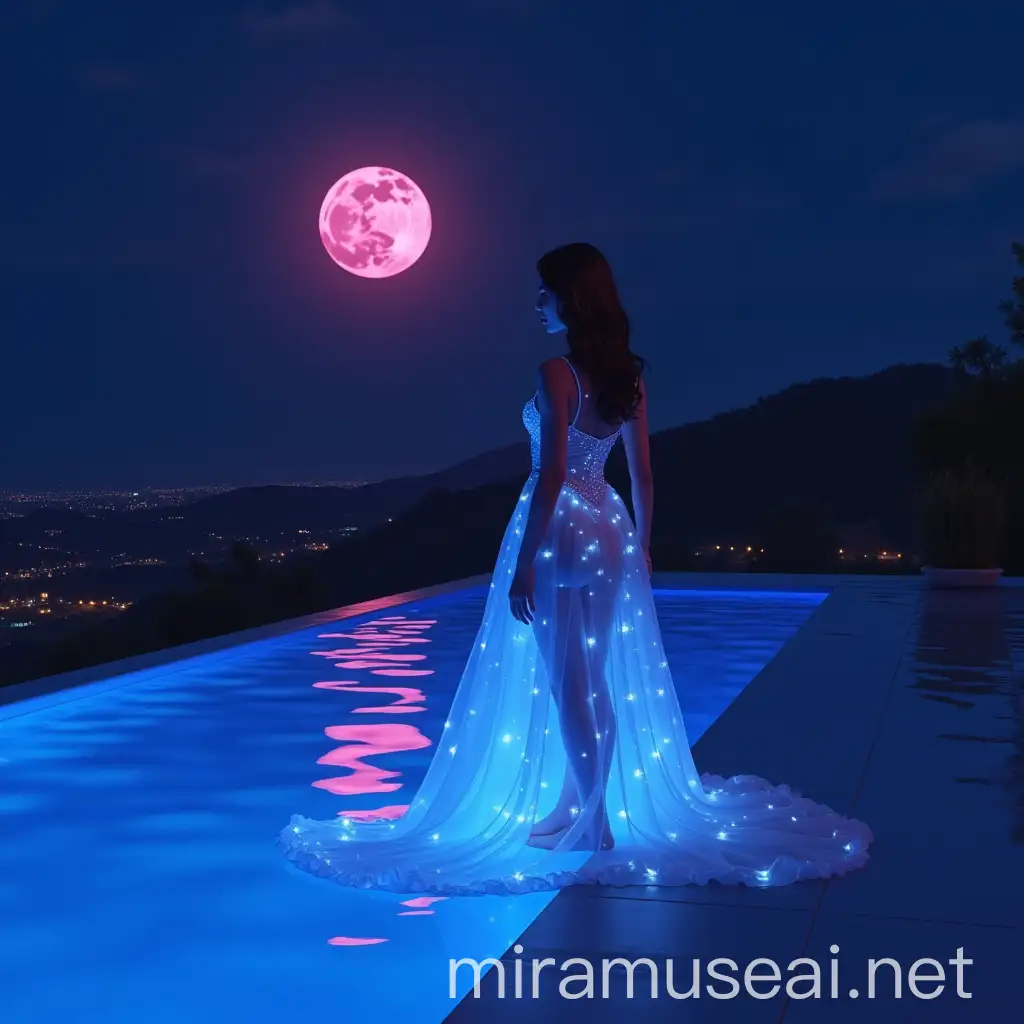 Woman in Digital Light Dress by California Villa Pool under Pink Moonlight