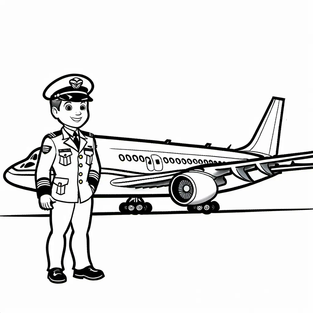 Pilot stand next to airplane , Coloring Page, black and white, line art, white background, Simplicity, Ample White Space. The background of the coloring page is plain white to make it easy for young children to color within the lines. The outlines of all the subjects are easy to distinguish, making it simple for kids to color without too much difficulty