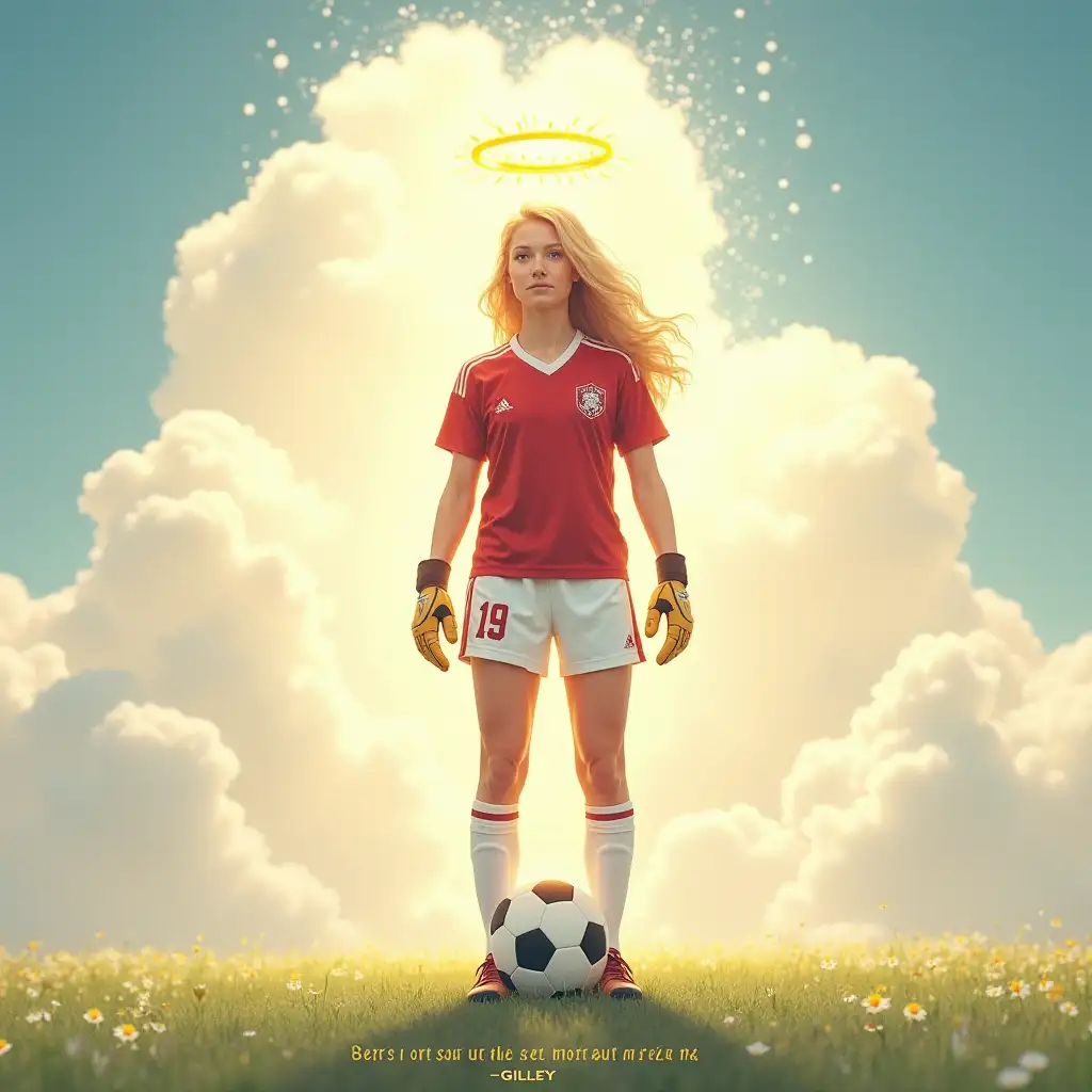 Create an album cover that captures the essence of hope, inspiration, and celebration. The cover art features a heavenly soccer scene with Katie Meyer, the late Stanford goalkeeper, wearing her iconic jersey number 19, as a proud and radiant figure playing soccer in heaven. Katie has gold blonde hair. Depict Katie in her soccer uniform, standing confidently as a goalkeeper, with a bright halo. In the background, incorporate subtle, fluffy white clouds and a soft, shimmering light to give the scene an ethereal, heavenly atmosphere. At the bottom of the cover, include the text: 'You got this, Katie Meyer!' - Gilley' in bold, country-western-inspired font.