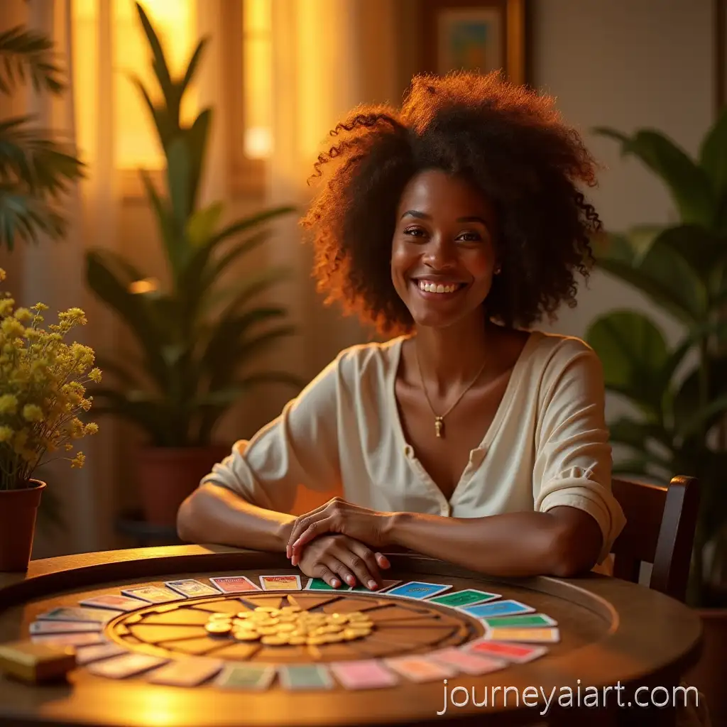 Confident-Woman-Playing-Board-Games-Amid-Golden-Light-and-Blooming-Prosperity