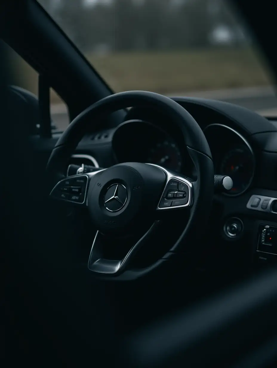 A close-up view of a car's steering wheel.  The steering wheel is centered in the image and is made of dark grey/black leather.  The Mercedes-Benz logo is prominently displayed in the center.  The steering wheel's rim and some control buttons are metallic silver/grey. The background consists of the dashboard and interior of the car, predominantly dark grey and black, creating a shadowed and slightly dim environment. The image's perspective is from inside the vehicle, focusing