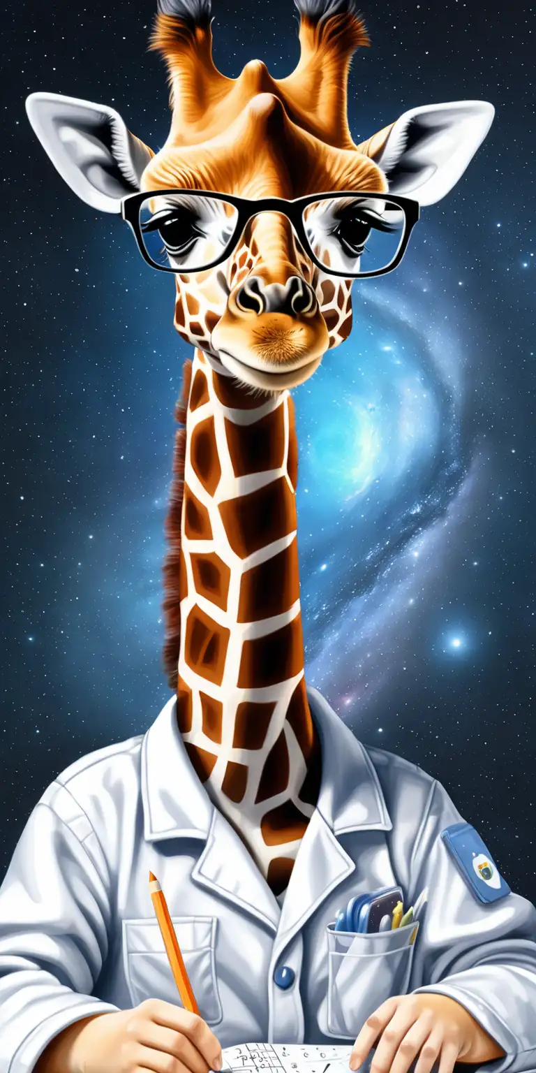 Baby Giraffe Scientist Exploring Space with Glasses