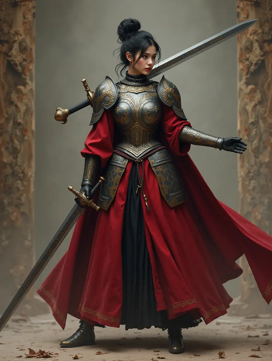 A medieval knight young japanese woman with an elegant updo hairstyle in a powerful action pose, on full body. She wields a beautifully designed gothic long sword with rune intricate engravings. The ornate gothic plate armor with deep red Surcoat, maxi flair skirts, gleevs and boots and a dynamic, heroic stance.