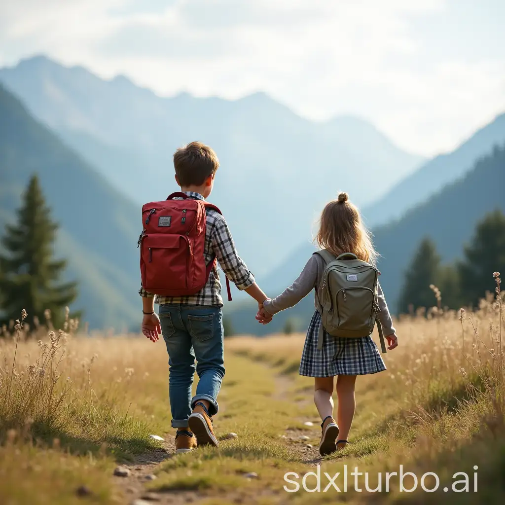 a boy and girl with backpacks walk holding hands in the mountains