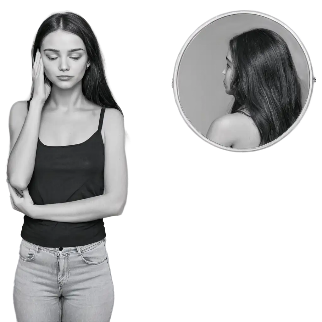 Black-and-White-PNG-Image-of-a-Young-Woman-in-Front-of-a-Mirror-After-Heartbreak