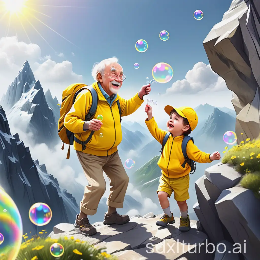 Generate an image of a child and grandfather climbing mountains, the weather is sunny, both are happy, the child holds bubbles, wearing yellow clothes.