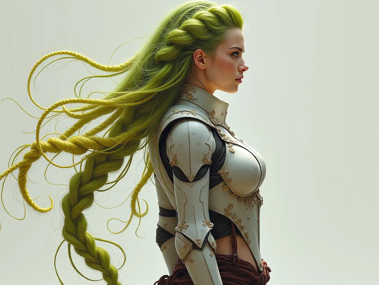 Depiction of a beautiful white woman with -tattoo, long mixed green-yellow braided hair in a futuristic armor style and laced boots