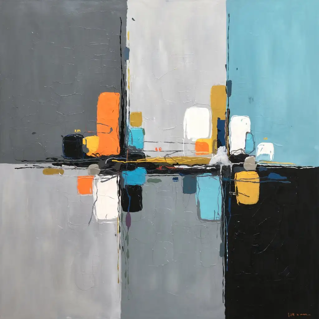 based on 50% grey, 5% orange, 30% black, 15% light blue elements, create an abstract painting