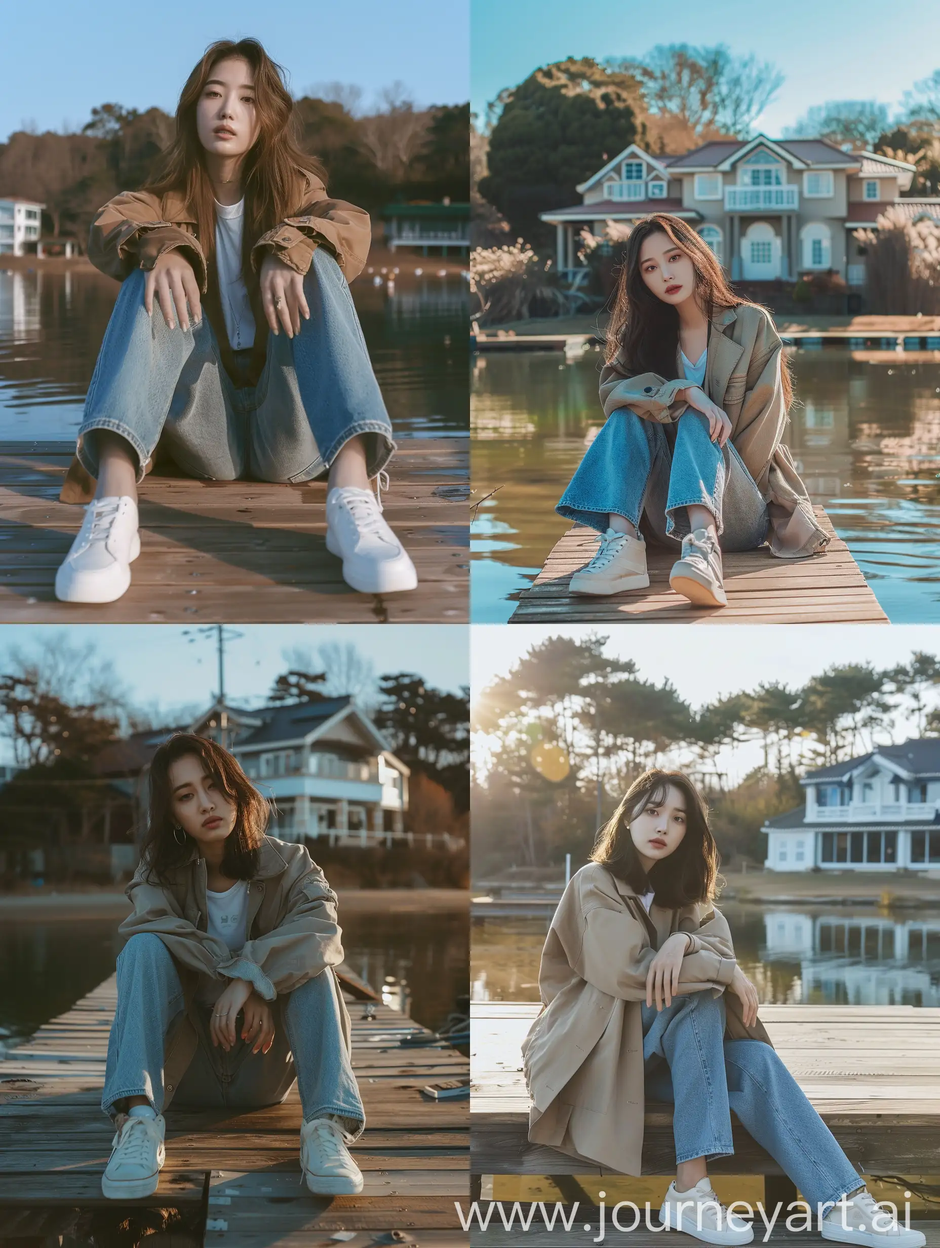 Cinematic-Korean-Woman-in-Trucker-Jacket-Sitting-on-Dock-by-Water