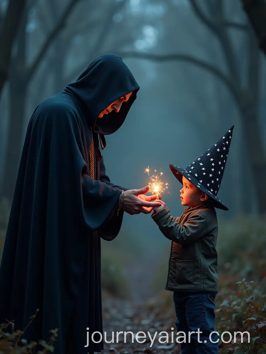 Sorcerer-Offering-Starred-Hat-to-Child-in-Evening-Scene