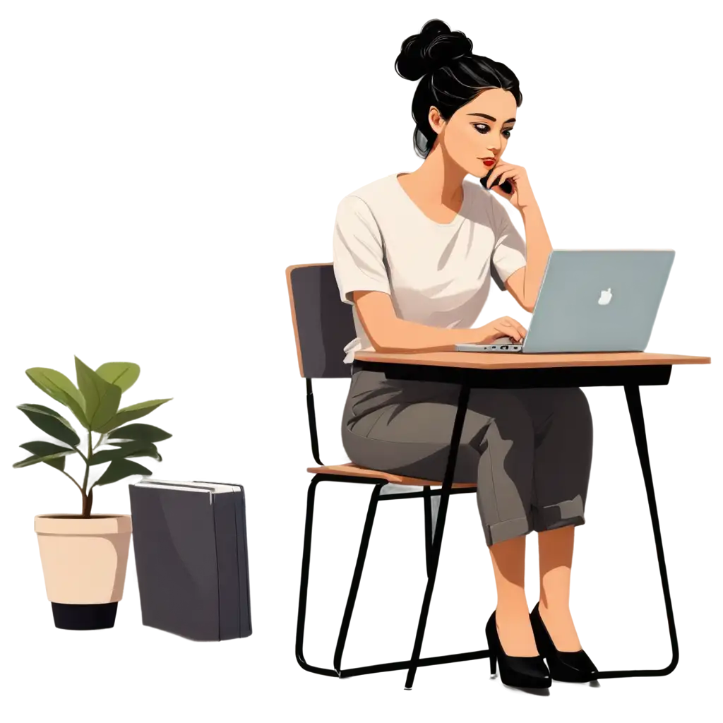 PNG-Image-of-a-Creative-Woman-Working-at-a-Desk-with-Laptop-CartoonStyle-Illustration