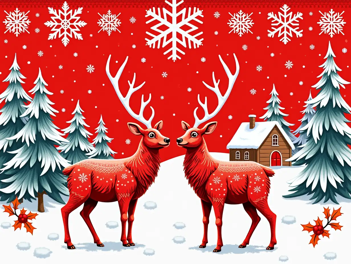 Vector illustration, Art style: embroidery. Create a vibrant winter scene featuring two red reindeer standing on a snow-covered landscape. The background should showcase a charming village with a fairytale-like house and snow-dusted evergreen trees, all in vivid shades of red and white. Frame the top of the image with large, intricate snowflakes and holly leaves for a whimsical touch. The overall aesthetic should be inspired by traditional Scandinavian knitted patterns, blending folk art with graphic design. Set the scene against a bold red background to enhance the holiday spirit with a cheerful and warm ambiance.