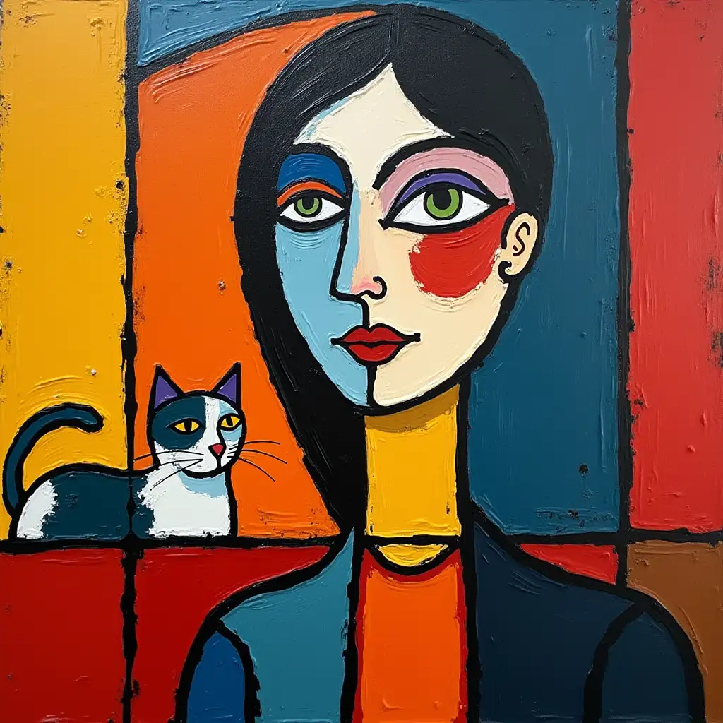 Picture in a grid lady with cat in the style of Kandinsky, Malevich, minimalism, simplify for beginner artist acrylic many colors, constructivism abstract, darkened, suprematism