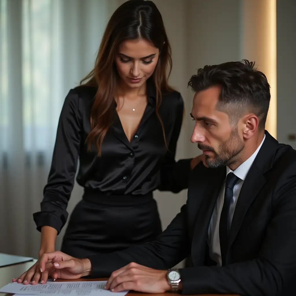 (8K, RAW photo, top quality, masterpiece:1.3),(realistic, photo-realistic:1.37 a beautiful young woman, (clothe black pencil skirt, shiny silk blouse ) , She is in the office with her male boss, the boss is sitting at a table, looking through documents while she stands next leaning to him  