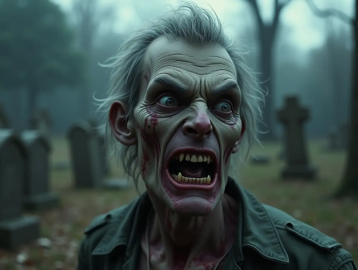 Zombie with decay, face, worms, gray hair, sharp chin, with an angry face, in a cemetery of different shades 4k Horror world