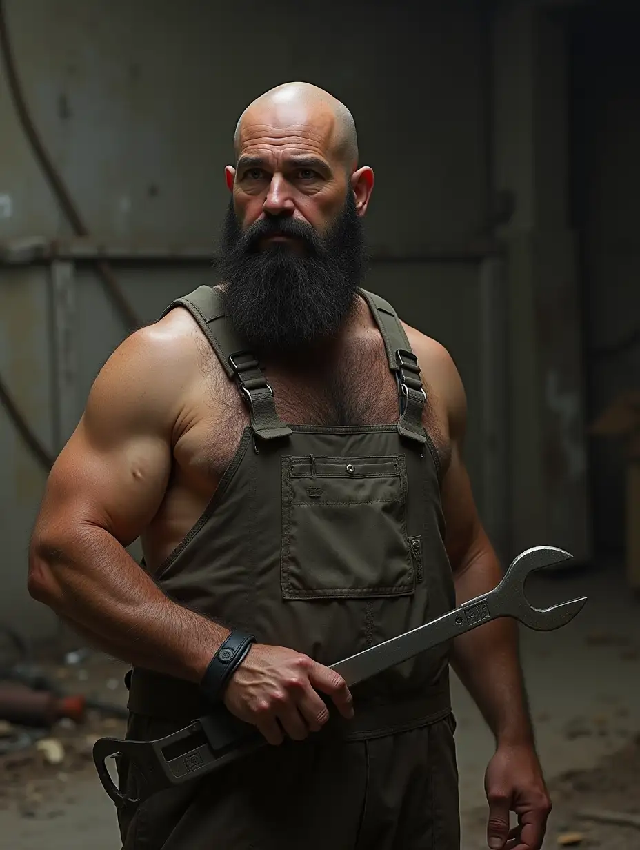 Stefano, a member of the Council of Six Elders in Cureggio, responsible for manufacturing and industrial production within the post-apocalyptic community, bald with a black beard, slightly dirty hands, wearing work overalls and holding a wrench, in a half-destroyed factory