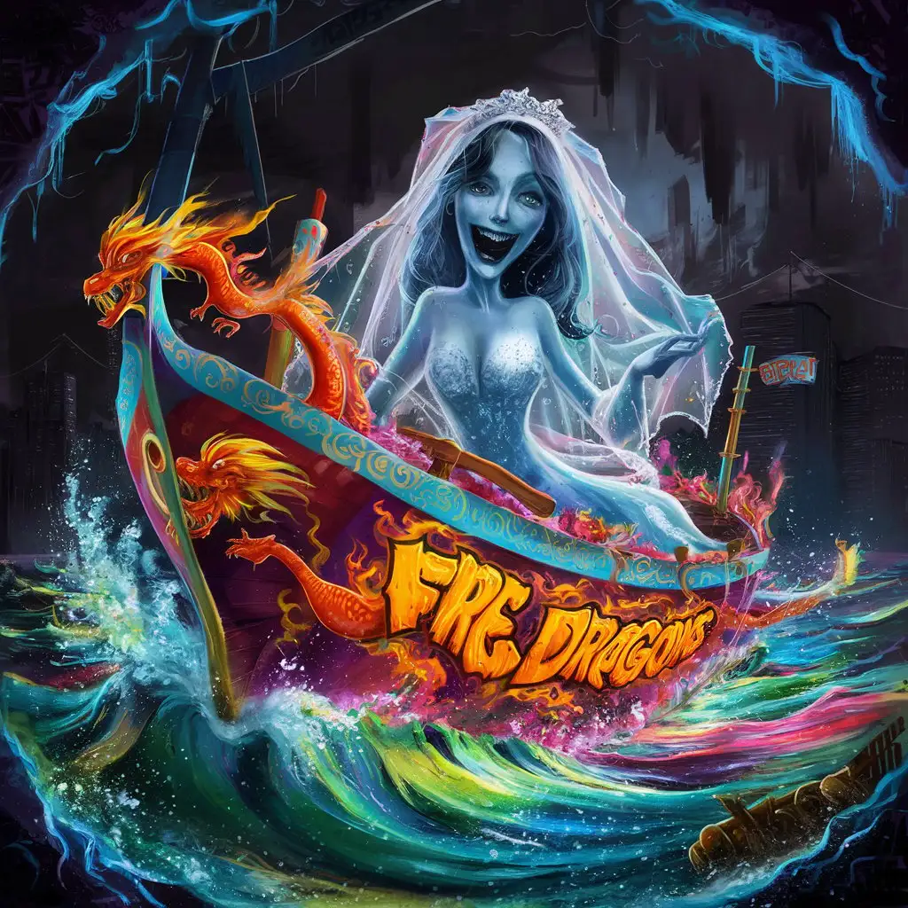 Fantasy  ghost bride on a boat, fire dragons graffiti art, splash art, street art, spray paint, oil gouache melting, acrylic, high contrast, colorful polychromatic, ultra detailed, ultra quality, CGSociety, cartoon graphics