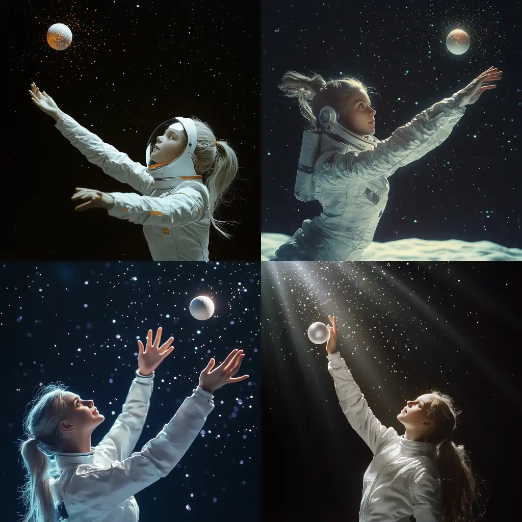 Graceful-Girl-in-White-Spacesuit-Reaching-for-Ball-in-Dark-Space