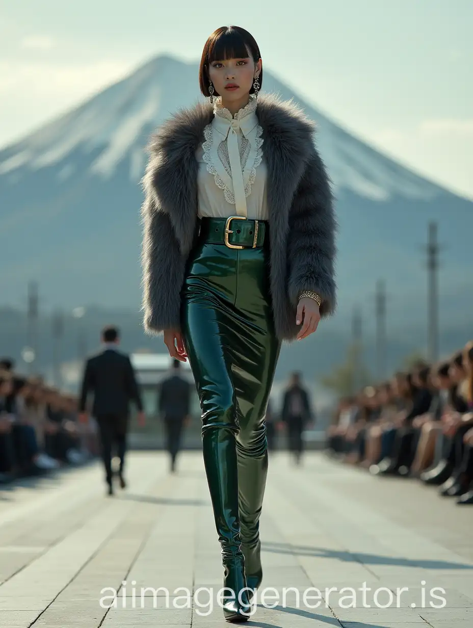 Japanese model in a dandy way, square haircut, earrings, collars, bangle and large belt, with dark grey mink-fur bolero, white frilled and lace shirt shirt, pencil dark green patent skirt, in very high-heels green metallic thigh-high-boots on a catwalk on front of the Fujiyama mount