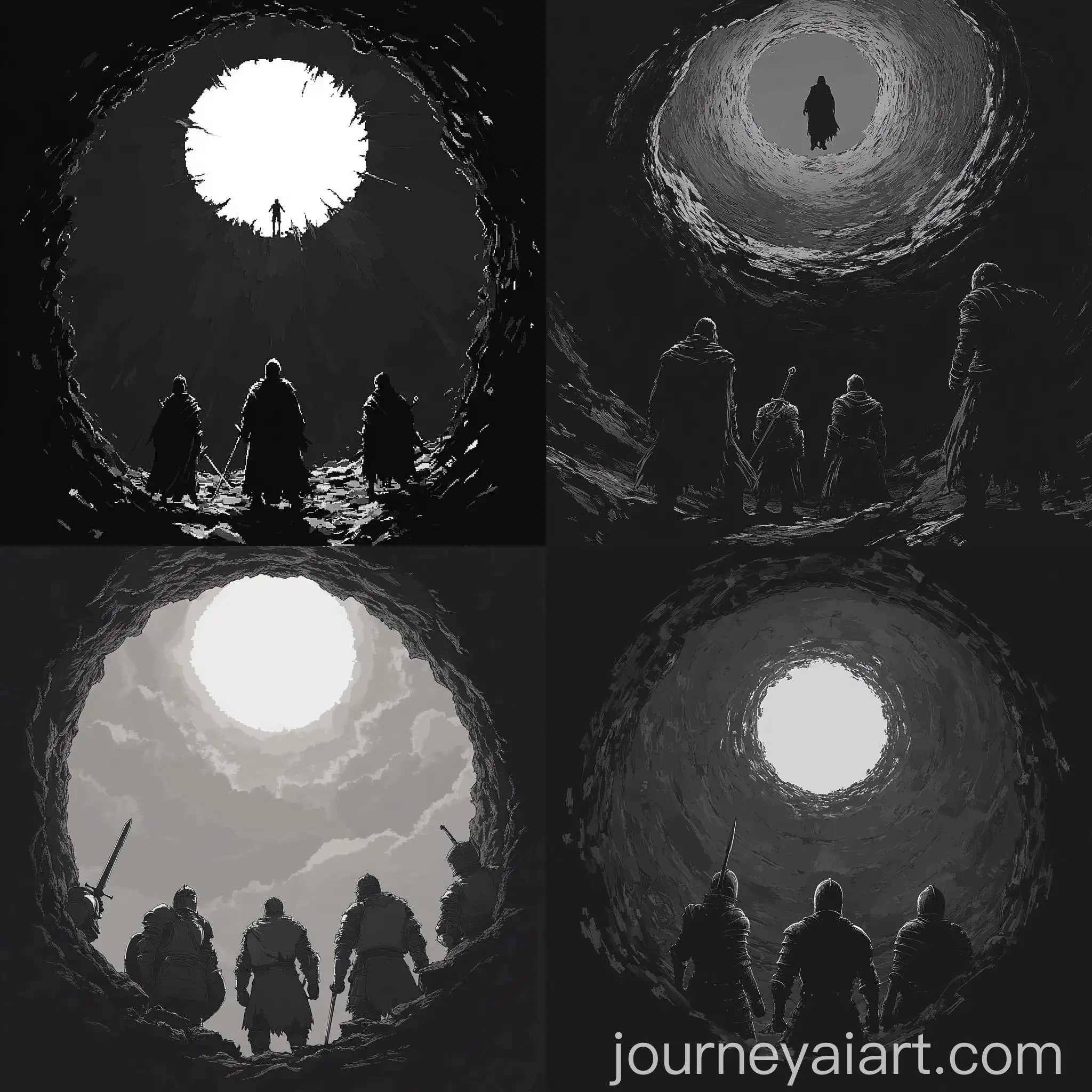 Knights-in-Dark-Scary-Hole-Gazing-Up-at-Silhouette-2D-Pixel-Art