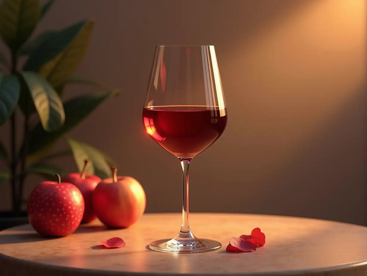 A glass of wine on a table with a aesthetic setting around it, hyper realistic, photographic image