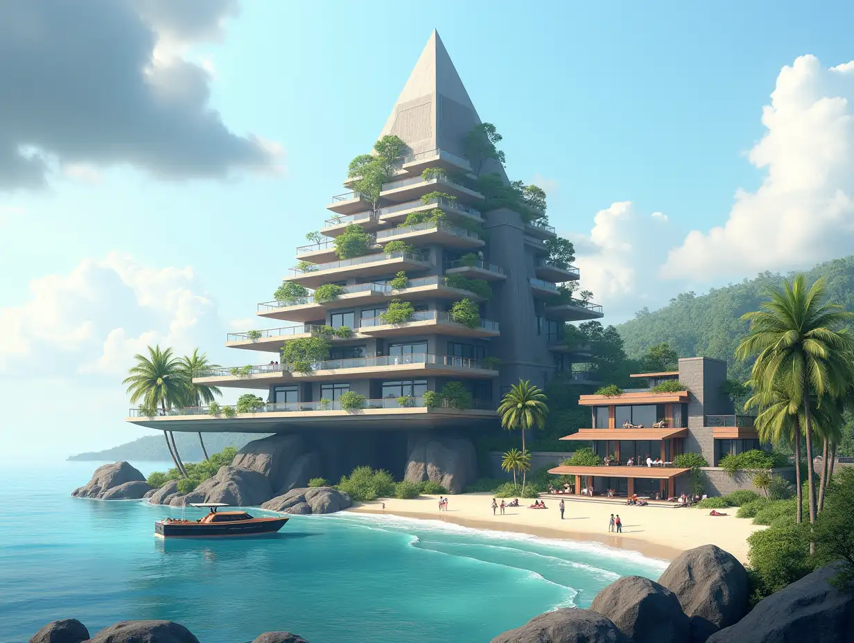 Create a high-resolution, realistic panorama image of a futuristic terrace building with window pyramid house with bridge, a yacht and a small boat beach with people, many plants and grey and brown facades with sea with waves, big trees, black clouds