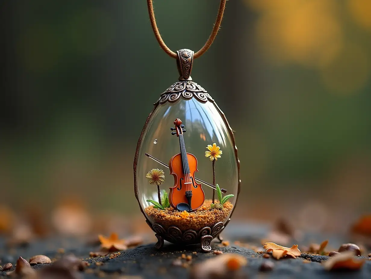 Create for me a glass egg pendant with a music band inside that plays the violin