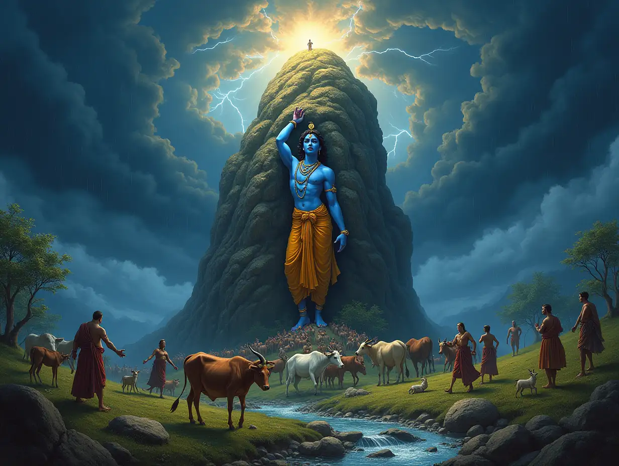 Lord-Krishna-Lifting-Govardhan-Mountain-During-Thunderstorm-with-Villagers-Seeking-Shelter