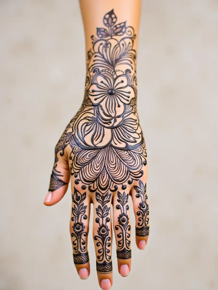 Create an image. In the image is a hard mehndi design with name is 'Ajay'