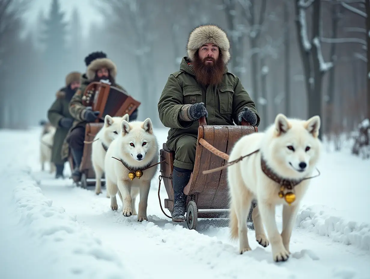 Background - a snowy winter forest. Along the road run large sleds drawn by a trio of huge white polar foxes decorated with bells. In one sleigh sit three bearded Russian peasants dressed in camouflage jackets, fur hats and valenki, all peasants sing. One peasant plays the accordion, another on the balalaika, and the third whips the foxes. Photorealism.