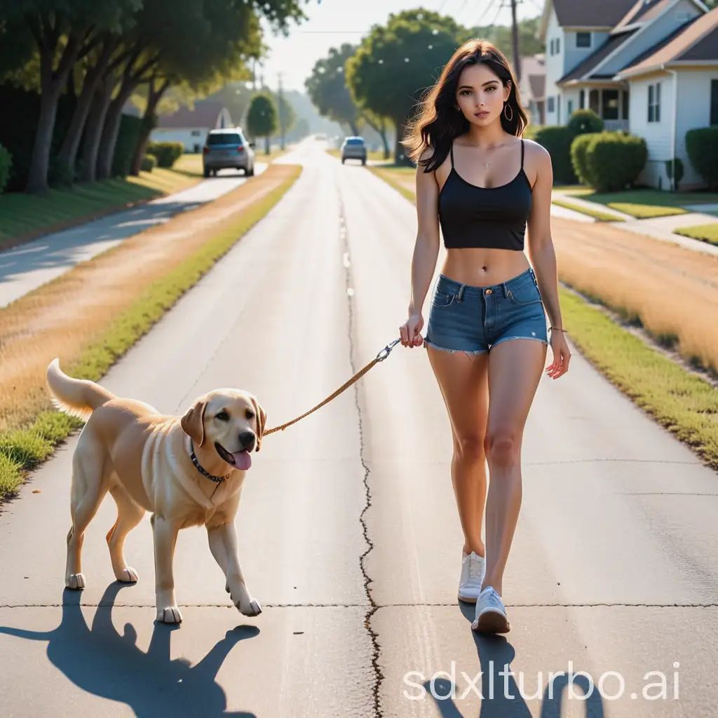 Dark-Haired-Girl-Walking-a-Golden-Labrador-Dog-on-a-Leash-Down-the-Road