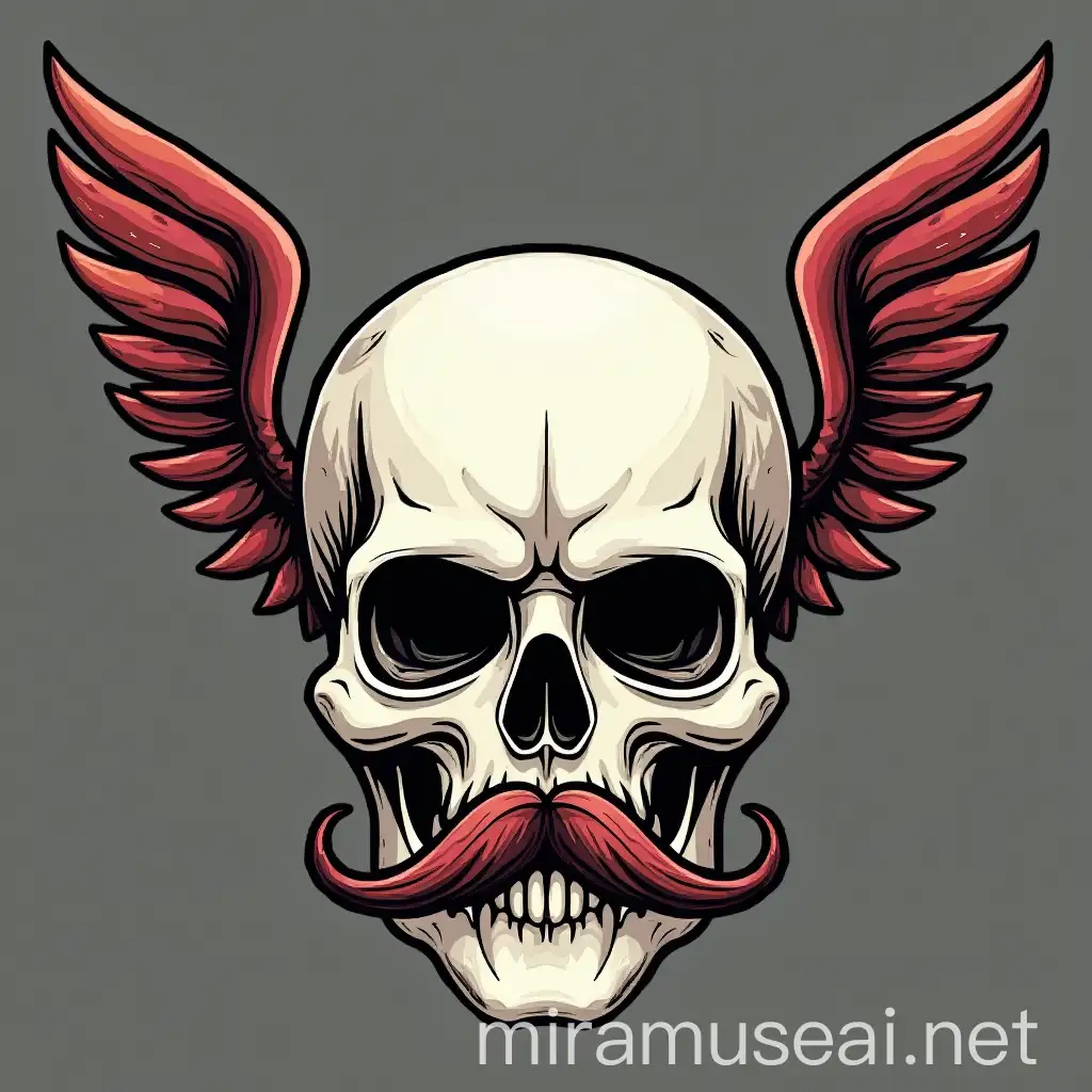 Whimsical Skull Head with Mustache and Wings