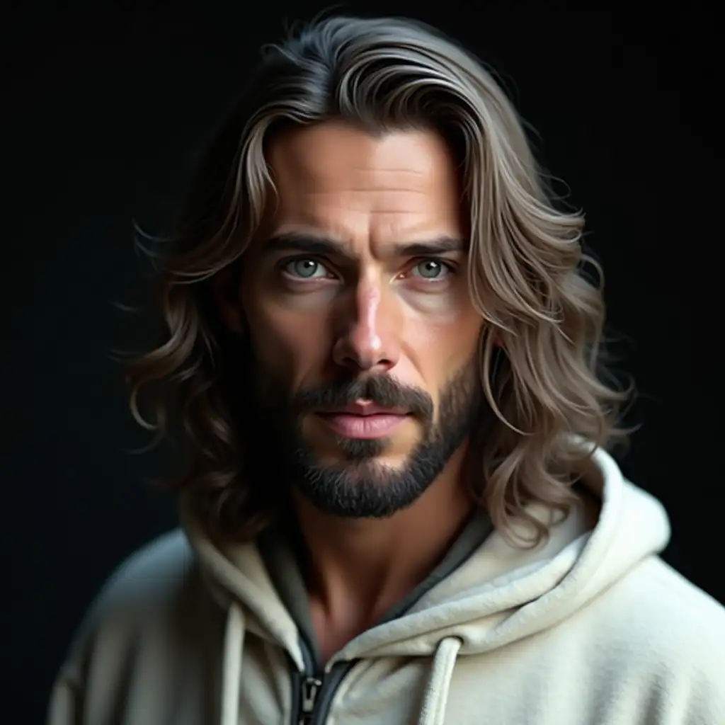 Male figure with long wavy hair and a beard, wearing a white hooded garment. The background is dark, emphasizing the subject's facial features and expression. The figure appears to be in his 30s, with a serious demeanor.