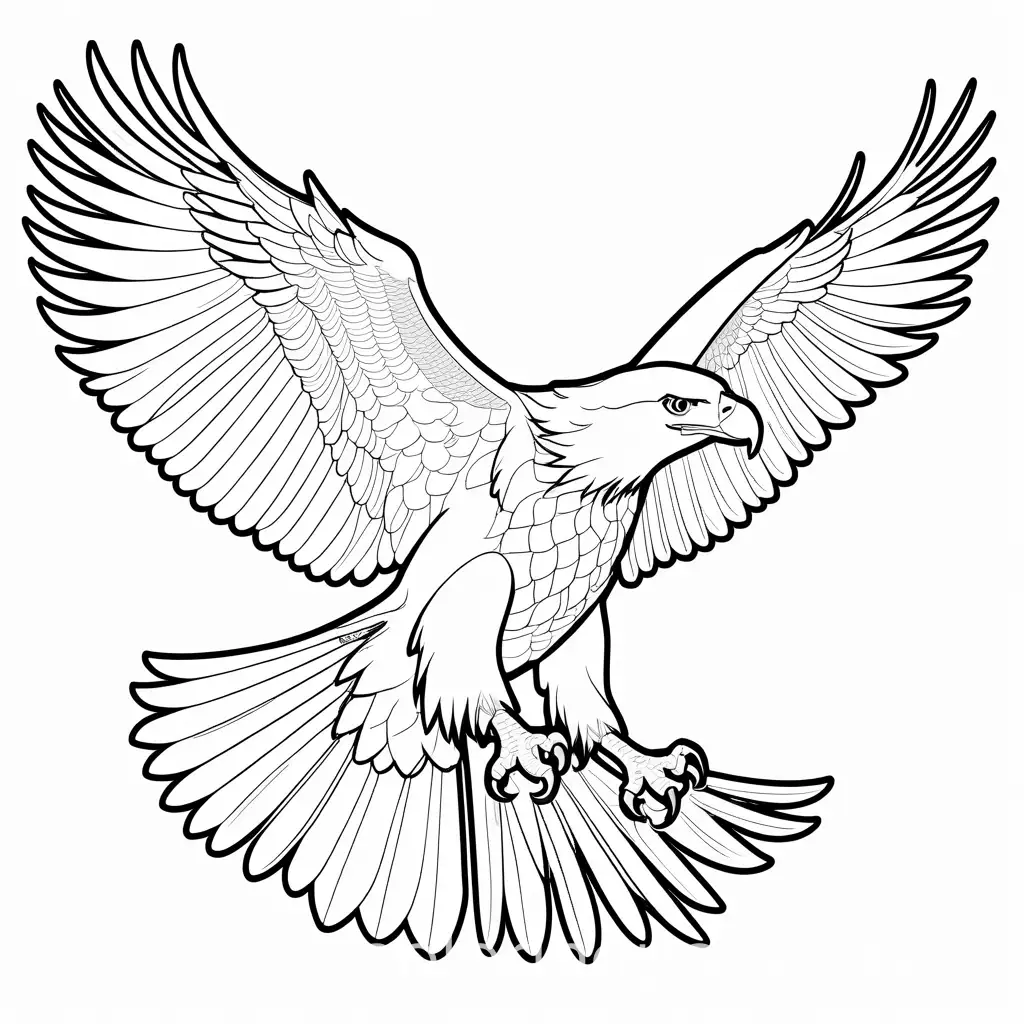 Bald Eagle whole body, Coloring Page, black and white, line art, white background, Simplicity, Ample White Space. The background of the coloring page is plain white to make it easy for young children to color within the lines. The outlines of all the subjects are easy to distinguish, making it simple for kids to color without too much difficulty