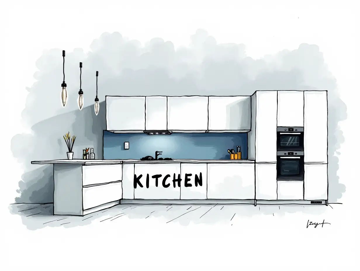 A modern, intricate ink sketch capturing a stunning minimalist apartment interior with a sleek, open-concept kitchen. The design features crisp white cabinetry with elegant navy blue accents, seamlessly blending style and functionality. The countertops are smooth and uncluttered, emphasizing clean lines and a contemporary aesthetic. Built-in black appliances add a sophisticated contrast, enhancing the modern feel. Soft, natural light floods the space, reflecting off subtle textures and high-quality finishes. The background is minimalist yet textured, subtly blending architectural elements and design details. The high-contrast black-and-white composition is accented by selective color highlights, emphasizing the depth and character of the space. Stylish, indie-inspired text with worn, handmade typography weaves through the image, symbolizing simplicity, elegance, and modern living.