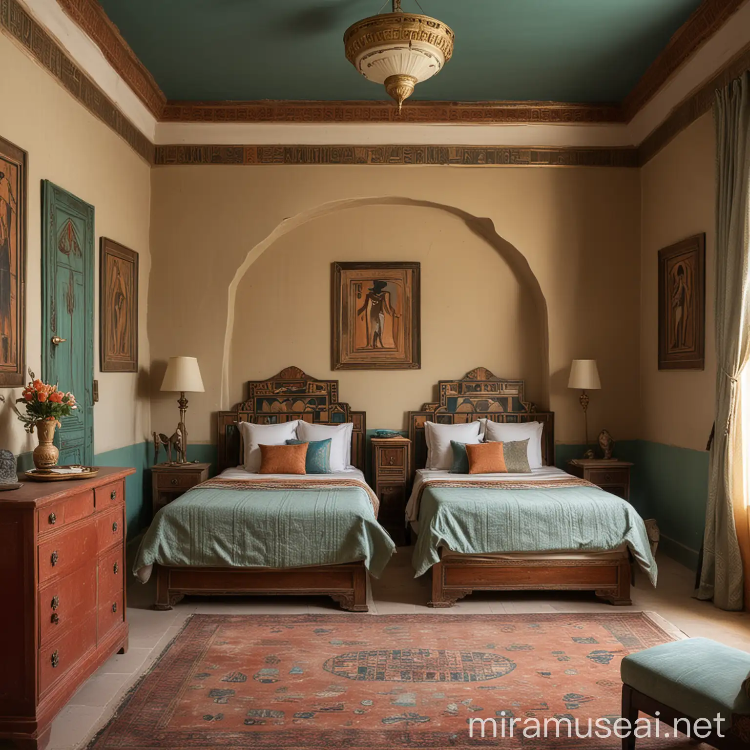 Egyptian Style Bedroom with Two Beds and Harmonious Colors