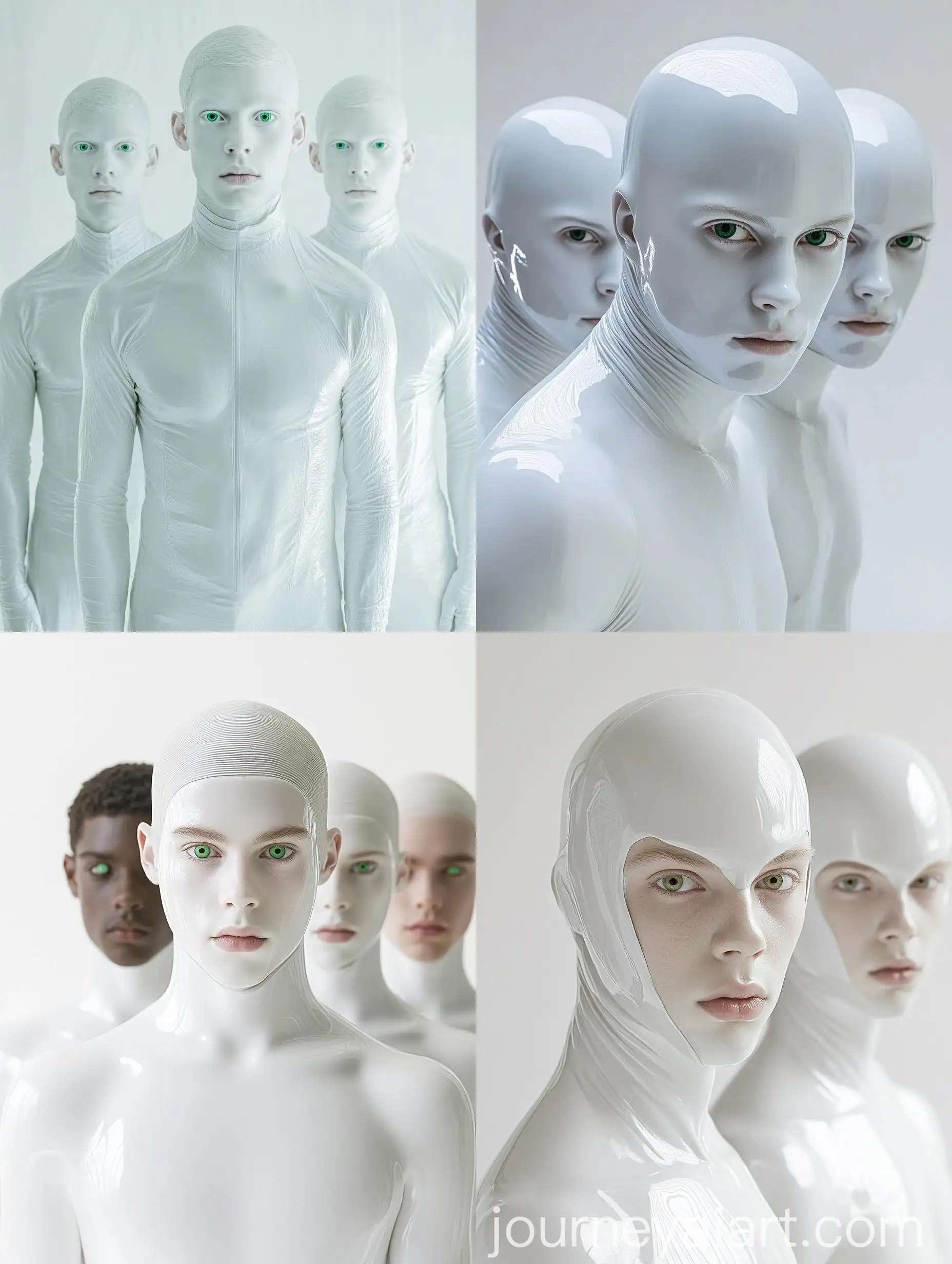 Three-Young-Men-with-Striking-Green-Eyes-in-White-Morphsuits