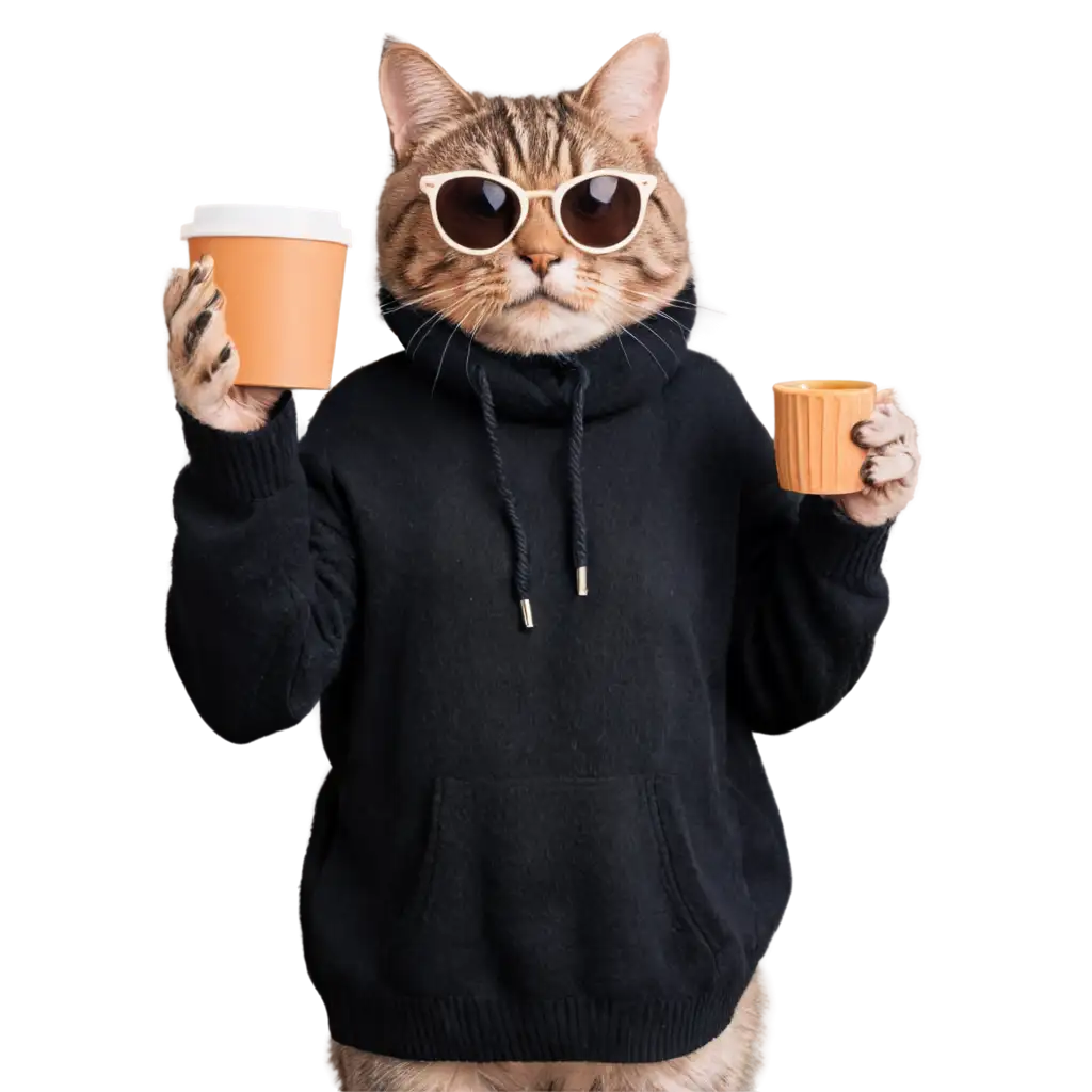 Stylish-Feline-Fun-A-Cat-in-Sunglasses-Enjoying-Coffee-HighQuality-PNG-Image