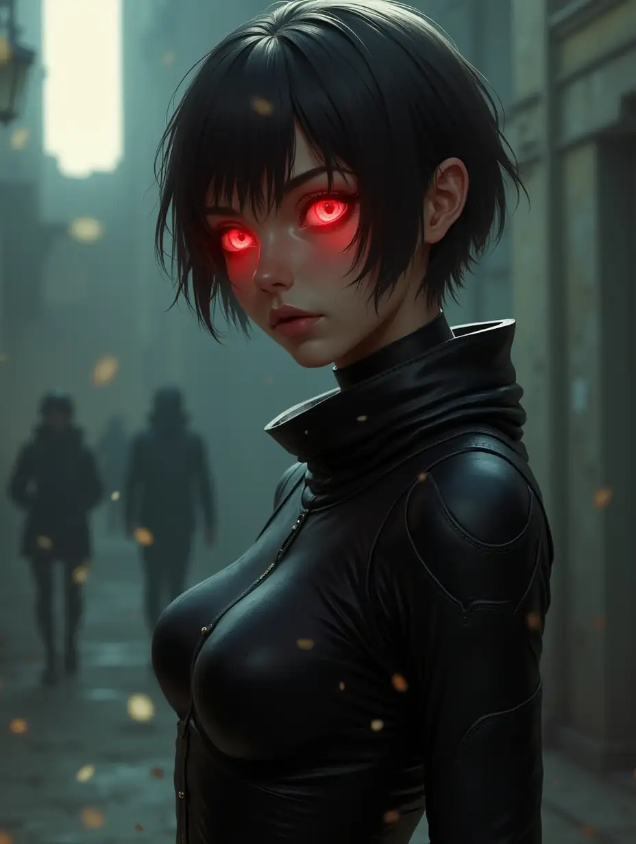 Short hair, russian female thief cyberrunner, yeys with cats pupils, skintight bodyglove