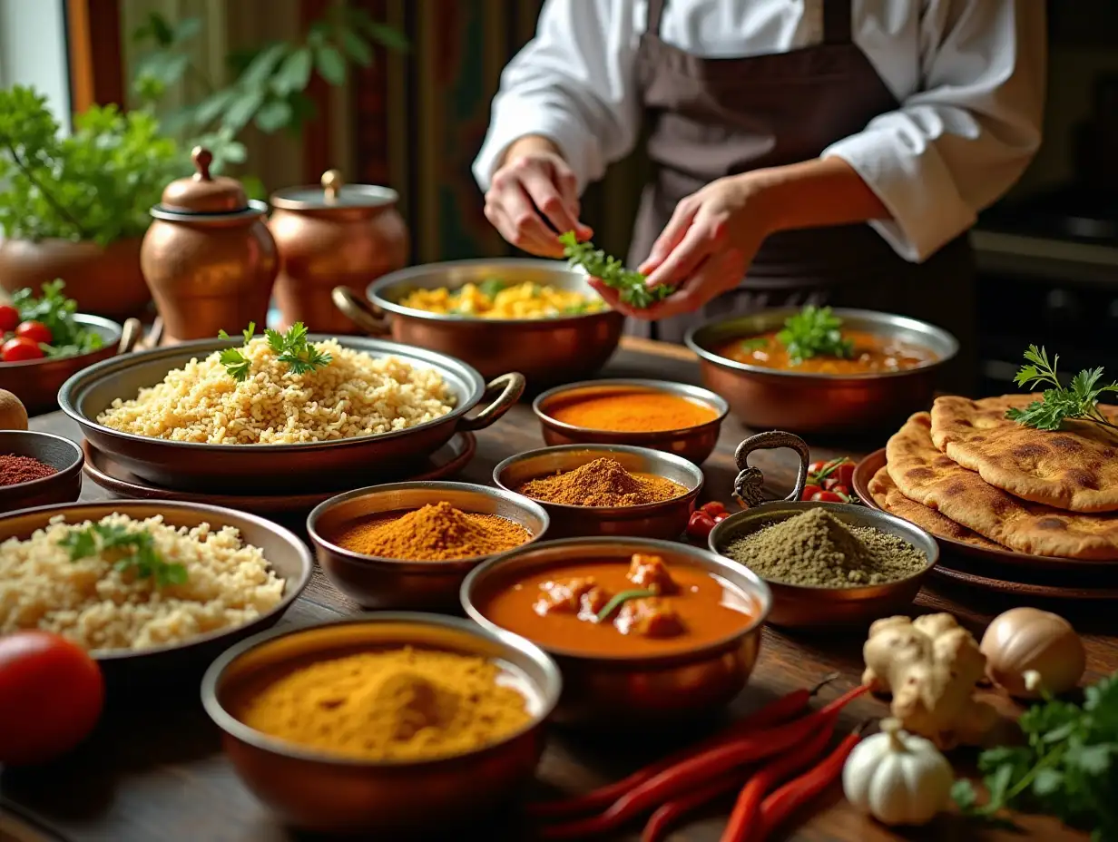 Vibrant-Kitchen-Scene-with-Traditional-North-Indian-Cuisine-Preparation