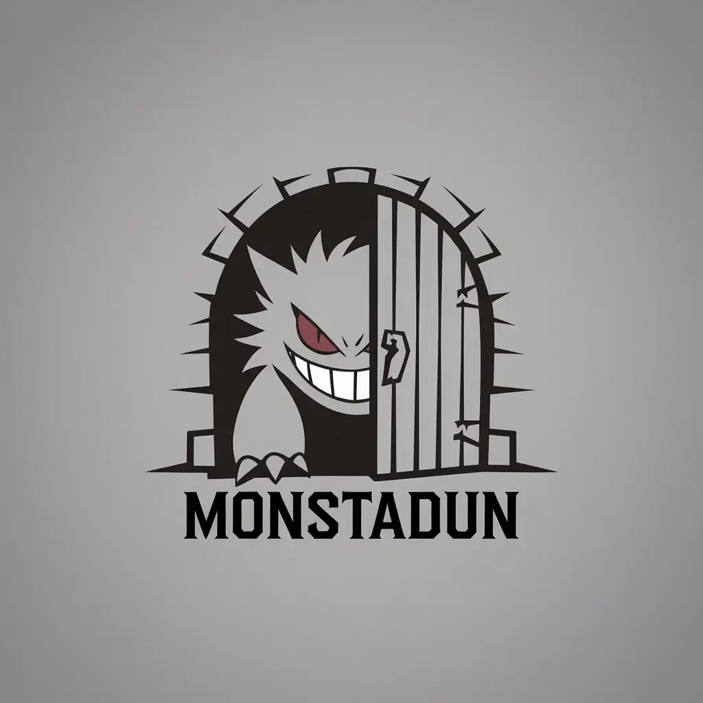 LOGO Design for Monstadun Minimalistic Gengar Peeking Through Dungeon Door with One Color Theme