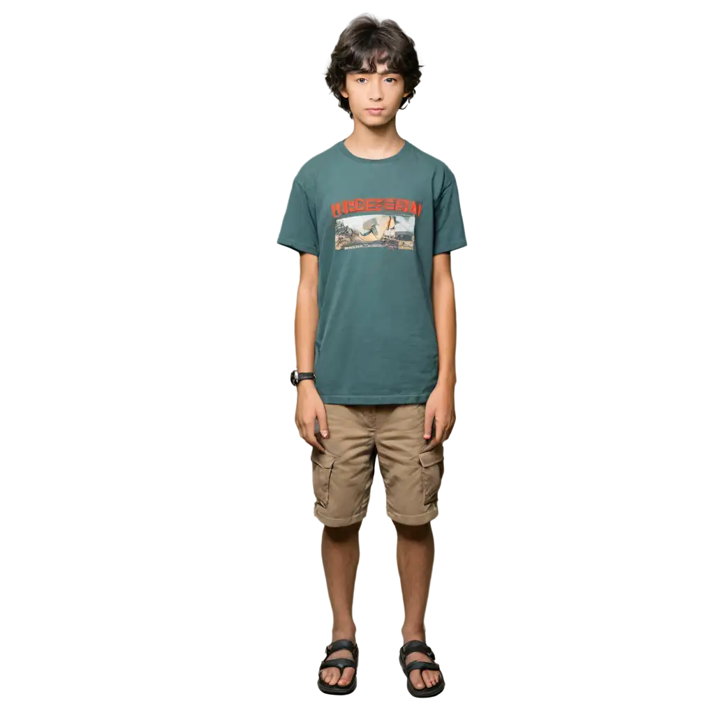 image facing front, Indonesian boy age 16, mullet hairstyle, wearing picture shirt, short cargo pants, sandals