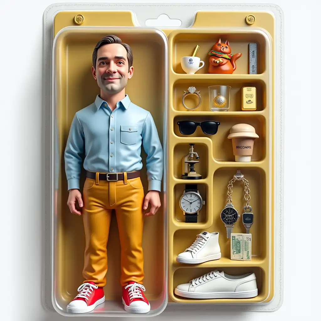 Use this photo to create my action figure in a blister pack, in the style of a premium collectible toy. The figure should stand at ease and friendly. You can do it with a smile . He is a man with light brown hair and gray eyes. He is dressed in ochre - yellow trousers , a light blue shirt , red sneakers with white laces . The blister pack should have a heading with the text Mr. Malkov, Jeweler. Add accessories to the compartments on the sides: an ochre-red cat, black sunglasses, a glass of coffee with the inscription coffe, a ring with a large green emerald, a ring with a large white diamond, a gold chain around the neck, a beige cap, a striped scarf, a microscope, a ruler, a gold bar with the inscription 999, a bundle of yuan money, white lacoste sneakers with crocodile, car key with Volkswagen badge, часы Seiko .