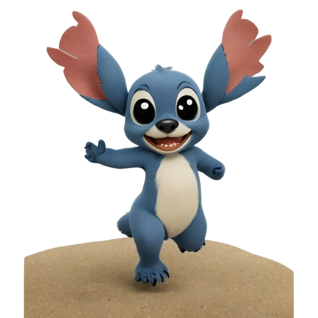 create an image of stitch running on the beach